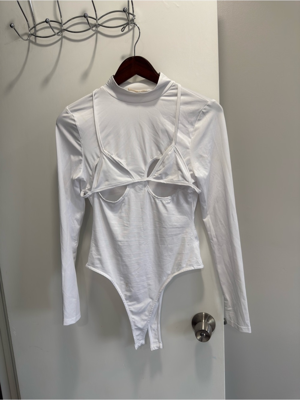 White Long-Sleeve Bodysuit with Built-In Bra Detail